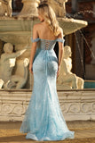 Blue Off The Shoulder Lace Mermaid Corset Sequins Prom Dress with Slit