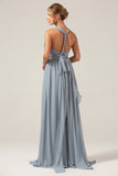 A Line Chiffon Convertible Dusty Blue Long Maternity Bridesmaid Dress