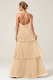 Dusty Rose A-Line Halter Tiered Floor Length Chiffon Long Bridesmaid Dress