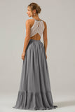 A-Line Halter Pleated Keyhole Chiffon Bridesmaid Dress With Lace