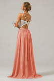 A-Line Spaghetti Straps Pleated Long Bridesmaid Dress With Lace