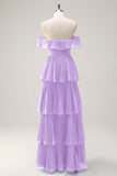 Eucalyptus A-Line Off The Shoulder Tiered Pleated Floor Length Bridesmaid Dress