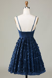 Navy A-Line Spaghetti Straps Short Homecoming Dress With Appliques