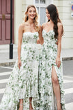 Green A-Line Spaghetti Straps Printed Bridesmaid Dress With Slit