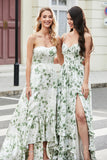 Green A-Line Spaghetti Straps Printed Floor length Prom Dress With Slit