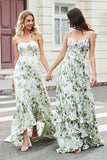 Green A-Line Spaghetti Straps Printed Bridesmaid Dress With Slit