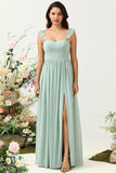 Dusty Sage A Line Spaghetti Straps Chiffon Bridesmaid Dress with Ruffles