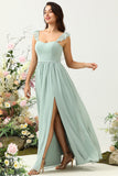 Dusty Sage A Line Spaghetti Straps Chiffon Bridesmaid Dress with Ruffles