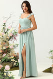 Dusty Sage A Line Spaghetti Straps Chiffon Bridesmaid Dress with Ruffles