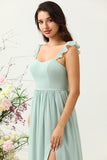 Dusty Sage A Line Spaghetti Straps Chiffon Bridesmaid Dress with Ruffles