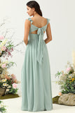 Dusty Sage A Line Spaghetti Straps Chiffon Bridesmaid Dress with Ruffles