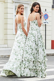 Green A-Line Spaghetti Straps Printed Floor length Prom Dress With Slit