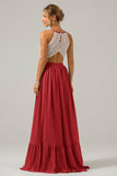 A-Line Halter Pleated Keyhole Chiffon Bridesmaid Dress With Lace