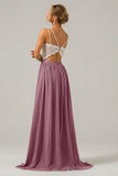 A-Line Spaghetti Straps Pleated Long Bridesmaid Dress With Lace