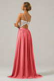 A-Line Spaghetti Straps Pleated Long Bridesmaid Dress With Lace