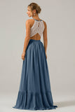 A-Line Halter Pleated Keyhole Chiffon Bridesmaid Dress With Lace