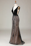 Black Mermaid Deep V Neck Sequins Long Evening Party Dress