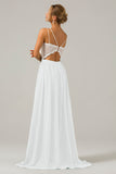 A-Line Spaghetti Straps Pleated Long Bridesmaid Dress With Lace