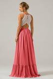 A-Line Halter Pleated Keyhole Chiffon Bridesmaid Dress With Lace