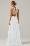 A-Line Halter Pleated Keyhole Chiffon Bridesmaid Dress With Lace