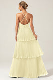 Dusty Rose A-Line Halter Tiered Floor Length Chiffon Long Bridesmaid Dress