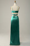 Dark Green Sheath Spaghetti Straps Cut Out Satin Long Bridesmaid Dress