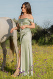 Sheath Convertible Strapless Satin Green Maxi Dress with Slit