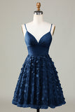 Navy A-Line Spaghetti Straps Short Homecoming Dress With Appliques