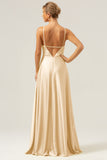 A Line Halter Ruched Satin Open Back Long Bridesmaid Dress with Flower