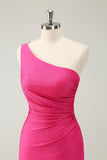 Unique Hot Pink One Shoulder Pleated Short Tight Homecoming Dress