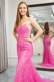 Fuchsia Mermaid Spaghetti Straps Beaded Long Prom Dress with Appliques