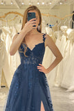 Navy Tulle A Line Spaghetti Straps Corset Prom Dress with Appliques