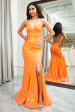 Sparkly Orange Mermaid Spaghetti Straps Sequins Prom Dress With Slit