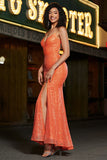 Orange Mermaid Spaghetti Straps Sparkly Sequins Prom Dress With Slit