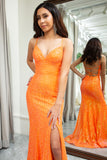 Sparkly Orange Mermaid Spaghetti Straps Sequins Prom Dress With Slit