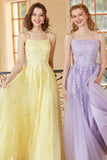Purple A-Line Spaghetti Straps Tulle Prom Dress with Appliques