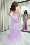 Mermaid Sweetheart Lace Corset Long Light Purple Prom Dress with Slit