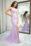 Mermaid Sweetheart Lace Corset Long Light Purple Prom Dress with Slit