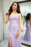 Mermaid Sweetheart Lace Corset Long Light Purple Prom Dress with Slit