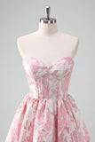 Cute Blue A Line Sweetheart Print Corset Short Homecoming Dress with Ruffles