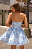 Cute Print A Line Sweetheart Corset Mini Blue Homecoming Dress