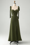 Fuchsia A Line Spaghetti Straps Floor Length Bridesmaid Dress with Slit