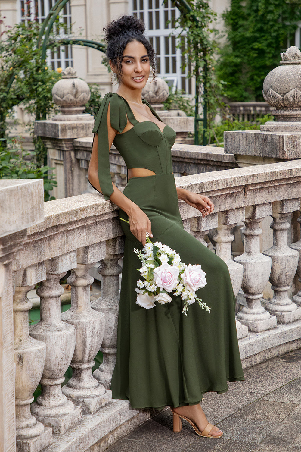 Long Olive Green Bridesmaid Dresses Lace Up Tie-back Corset Maxi Bridesmaid Dress With Front Slit Long Olive Green Bridesmaid Dresses Lace Up Tie-back Corset Maxi Bridesmaid Dress With Front Slit