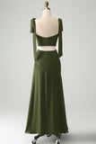 Fuchsia A Line Spaghetti Straps Floor Length Bridesmaid Dress with Slit