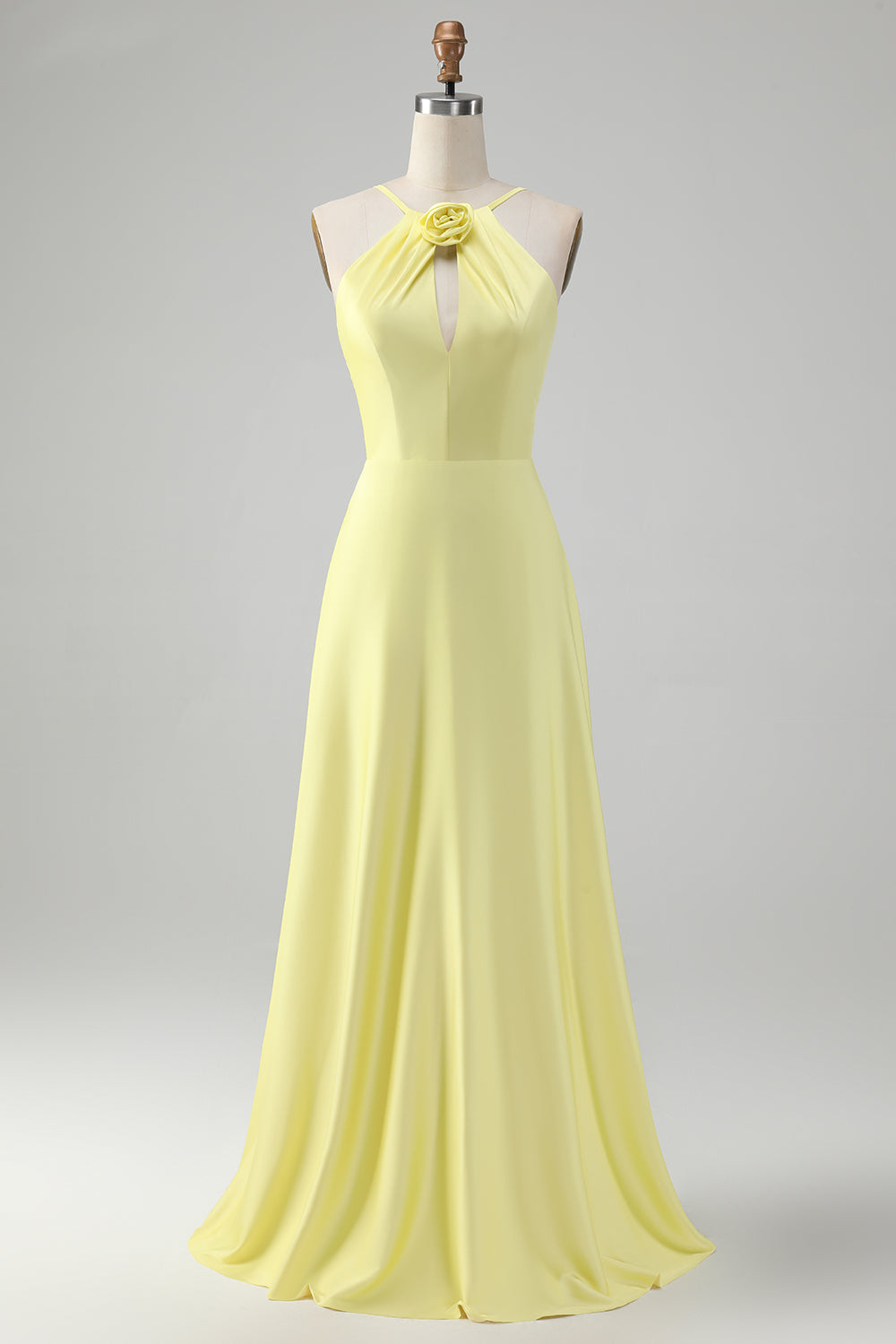 Wedtrend Women Stylish Yellow Bridesmaid Dress with Flower A Line Halter Pleated Long Wedding Party Guest Dress WEDTREND Wedtrend Women Stylish Yellow Bridesmaid Dress with Flower A Line Halter Pleated Long Wedding Party Guest Dress WEDTREND