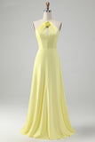 Stylish Yellow A Line Halter Pleated Long Bridesmaid Dress with Flower