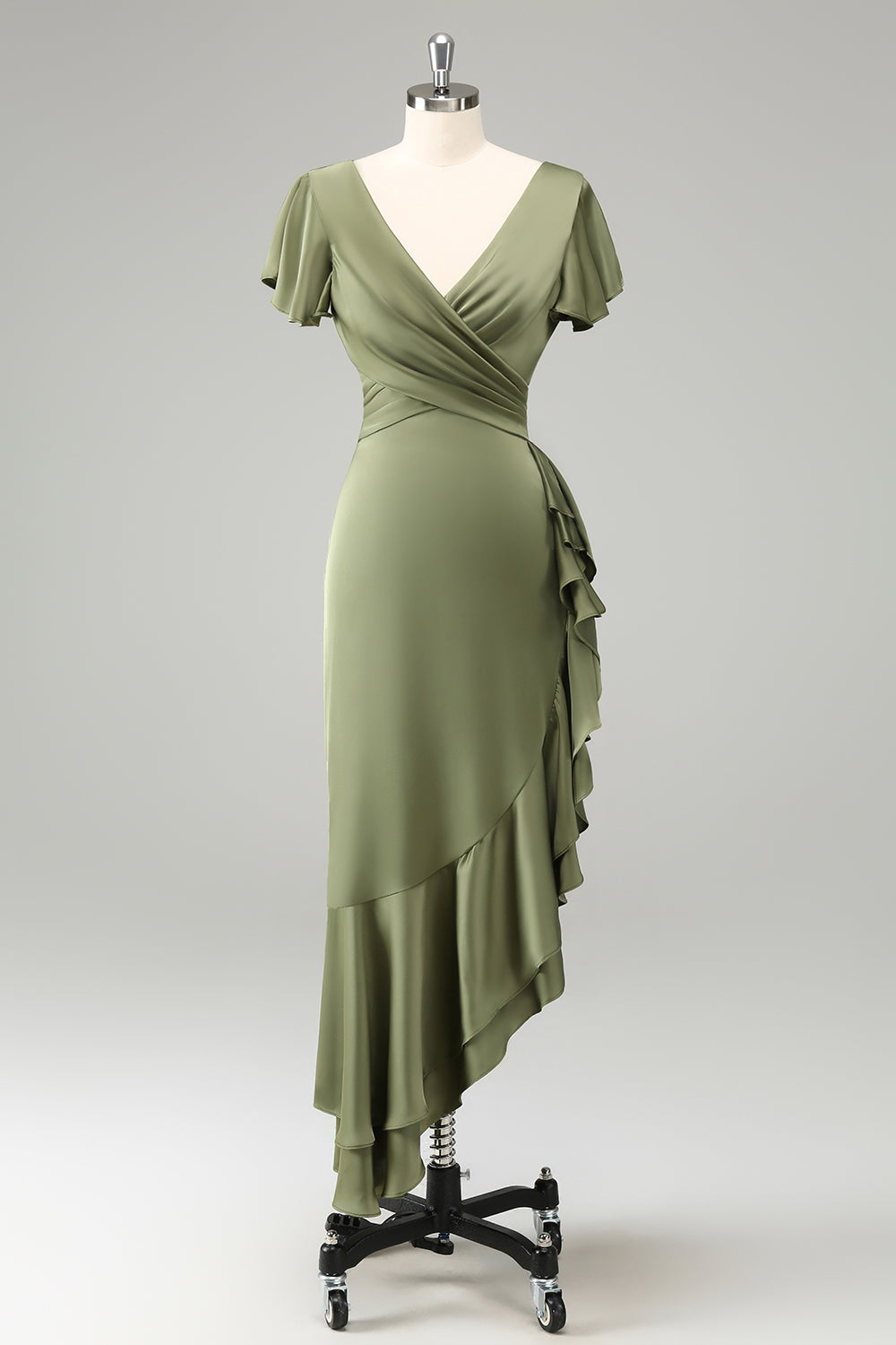 women's olive green dress for wedding Olive Green Satin Asymmetrical Midi Dress | Womens | Small (Available in M, L) | 100% Polyester | Lulus