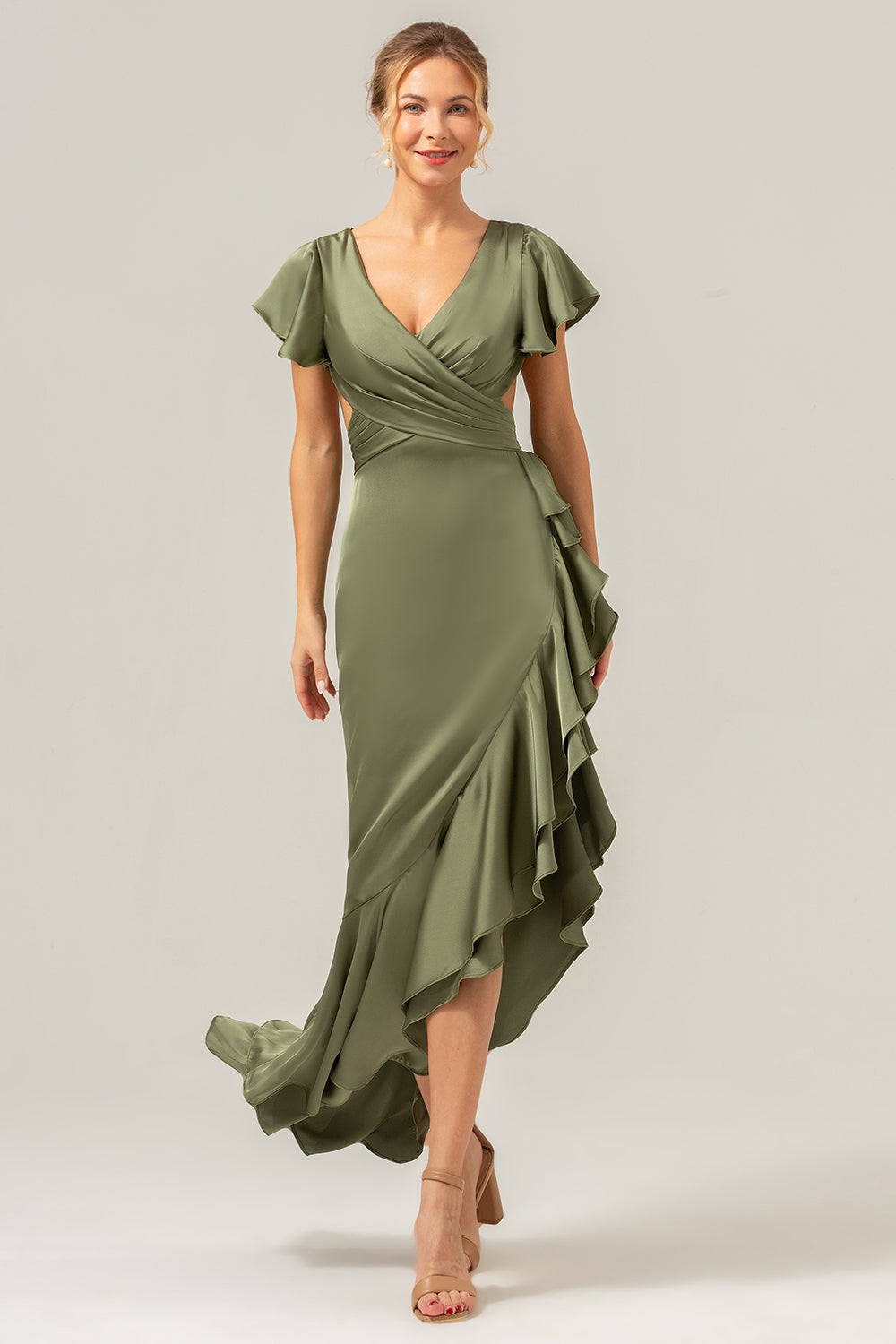 Wedtrend Women Olive Bridesmaid Dress with Ruffles A Line Short Sleeves V Neck Asymmetrical Wedding Guest Dress WEDTREND Wedtrend Women Olive Bridesmaid Dress with Ruffles A Line Short Sleeves V Neck Asymmetrical Wedding Guest Dress WEDTREND