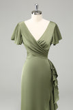 Elegant Olive A Line V Neck Short Sleeves Asymmetrical Bridesmaid Dress with Ruffles