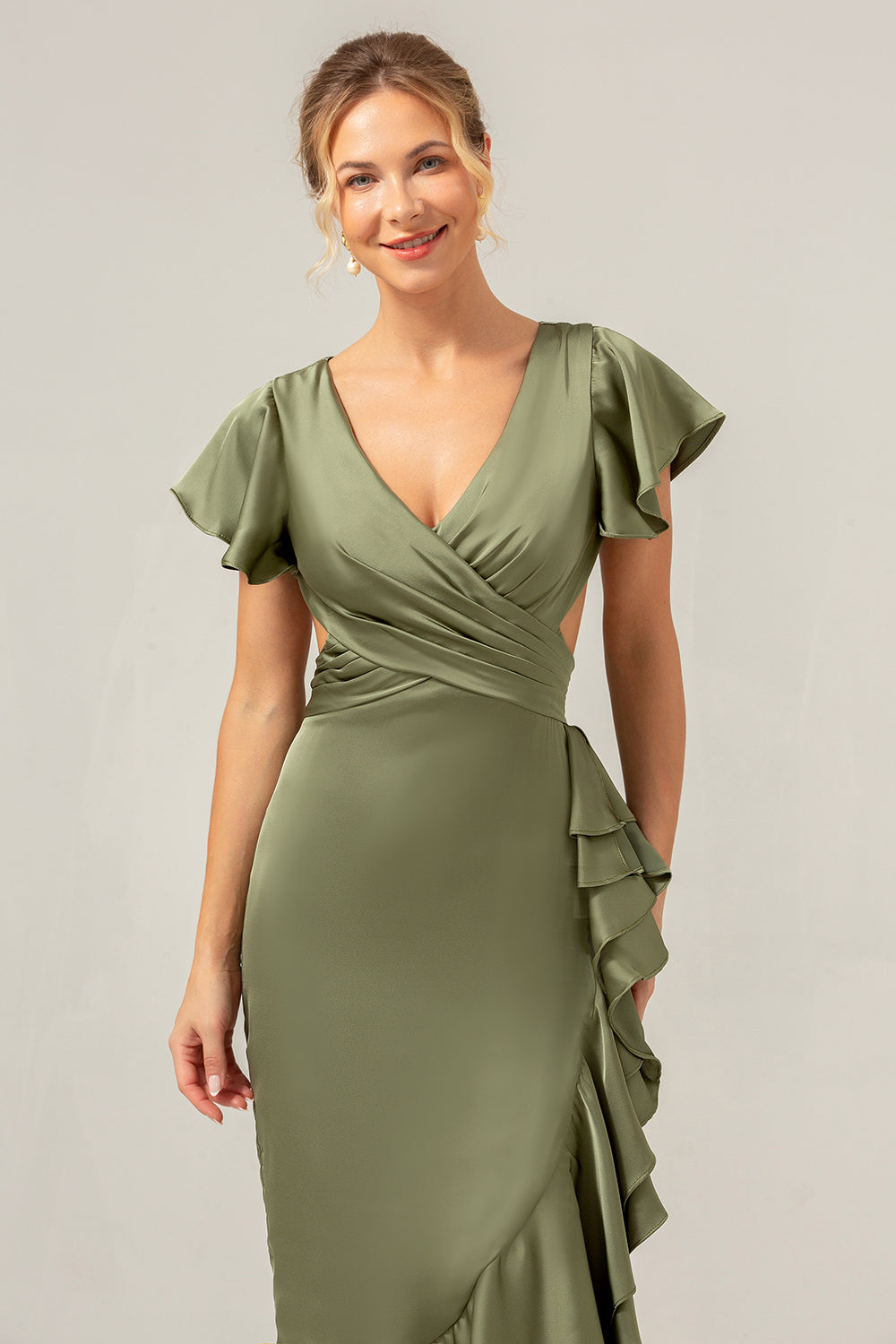 Wedtrend Women Olive Bridesmaid Dress with Ruffles A Line Short Sleeves V Neck Asymmetrical Wedding Guest Dress WEDTREND Wedtrend Women Olive Bridesmaid Dress with Ruffles A Line Short Sleeves V Neck Asymmetrical Wedding Guest Dress WEDTREND